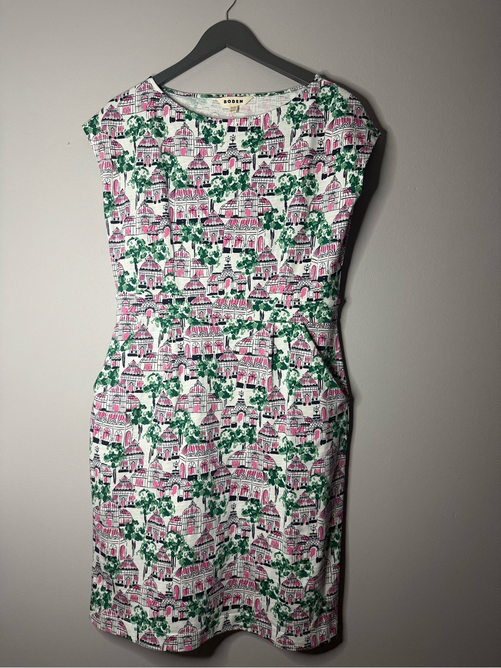 Boden Pink & Green Printed Cap-Sleeve Mini Dress